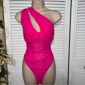 SHEIN Pink Asymmetrical Bodysuit with Cutout Design